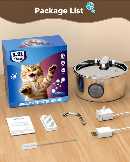 Cat Water Fountain Stainless Steel, 108Oz/3.2L Pet Fountain Smart, Water Level Window and 4-Layer Filtration Systerm for Cats, Dogs, Multiple Pets