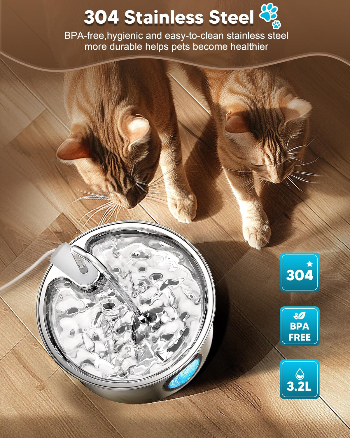 Cat Water Fountain Stainless Steel, 108Oz/3.2L Pet Fountain Smart, Water Level Window and 4-Layer Filtration Systerm for Cats, Dogs, Multiple Pets