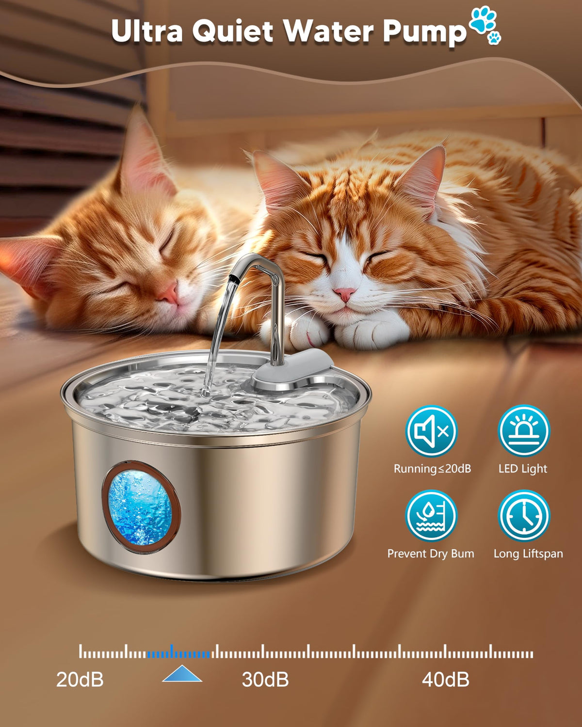 Cat Water Fountain Stainless Steel, 108Oz/3.2L Pet Fountain Smart, Water Level Window and 4-Layer Filtration Systerm for Cats, Dogs, Multiple Pets