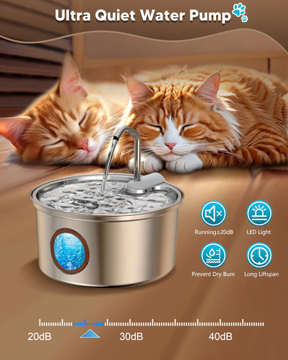 Cat Water Fountain Stainless Steel, 108Oz/3.2L Pet Fountain Smart, Water Level Window and 4-Layer Filtration Systerm for Cats, Dogs, Multiple Pets
