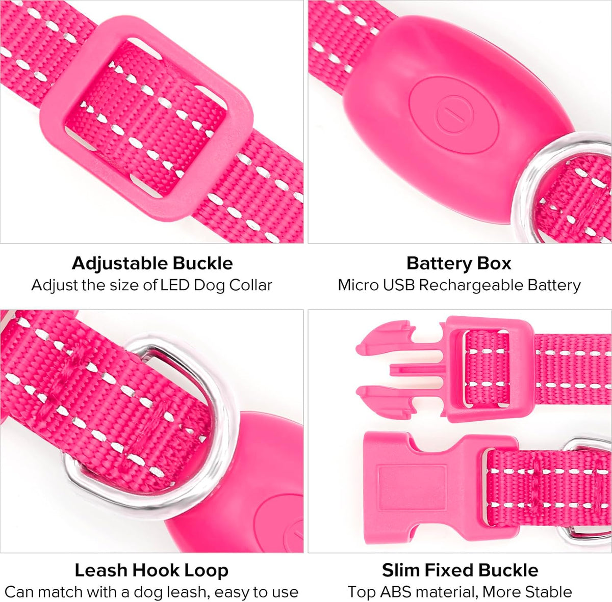 Glow in the Dark Pink Dog Collar for Small Dogs & Cats - XS Size