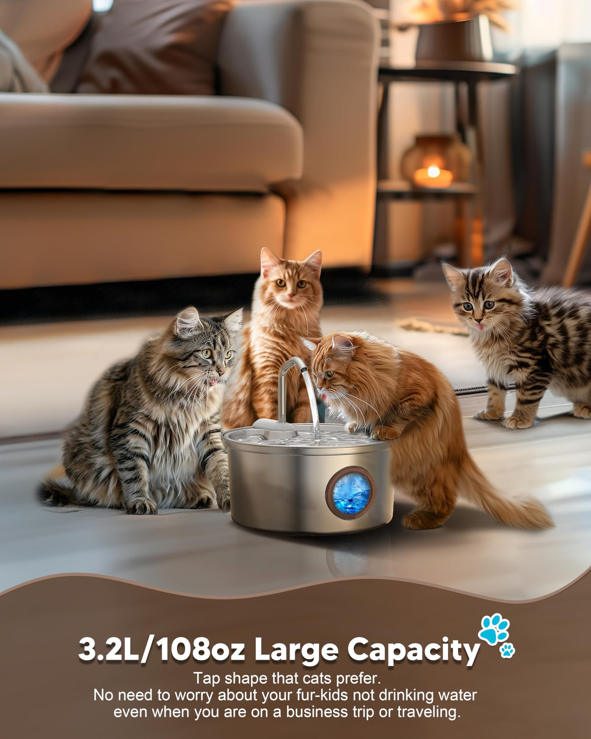 Cat Water Fountain Stainless Steel, 108Oz/3.2L Pet Fountain Smart, Water Level Window and 4-Layer Filtration Systerm for Cats, Dogs, Multiple Pets