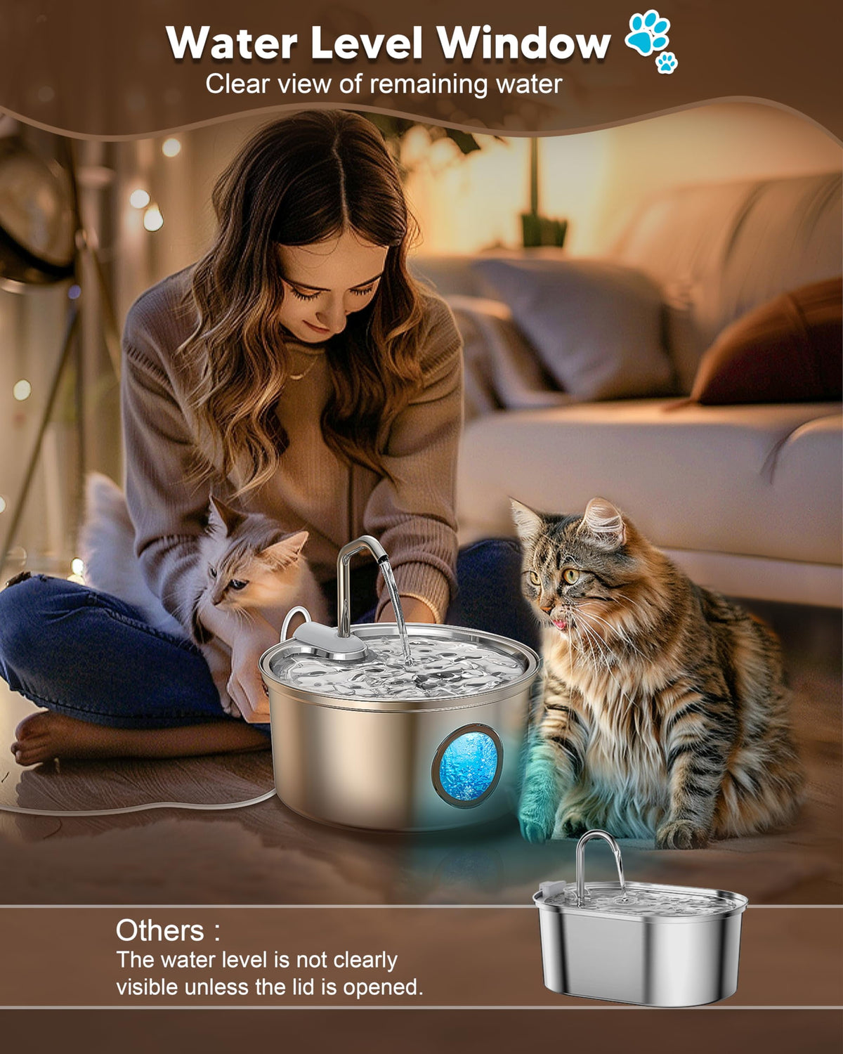Cat Water Fountain Stainless Steel, 108Oz/3.2L Pet Fountain Smart, Water Level Window and 4-Layer Filtration Systerm for Cats, Dogs, Multiple Pets