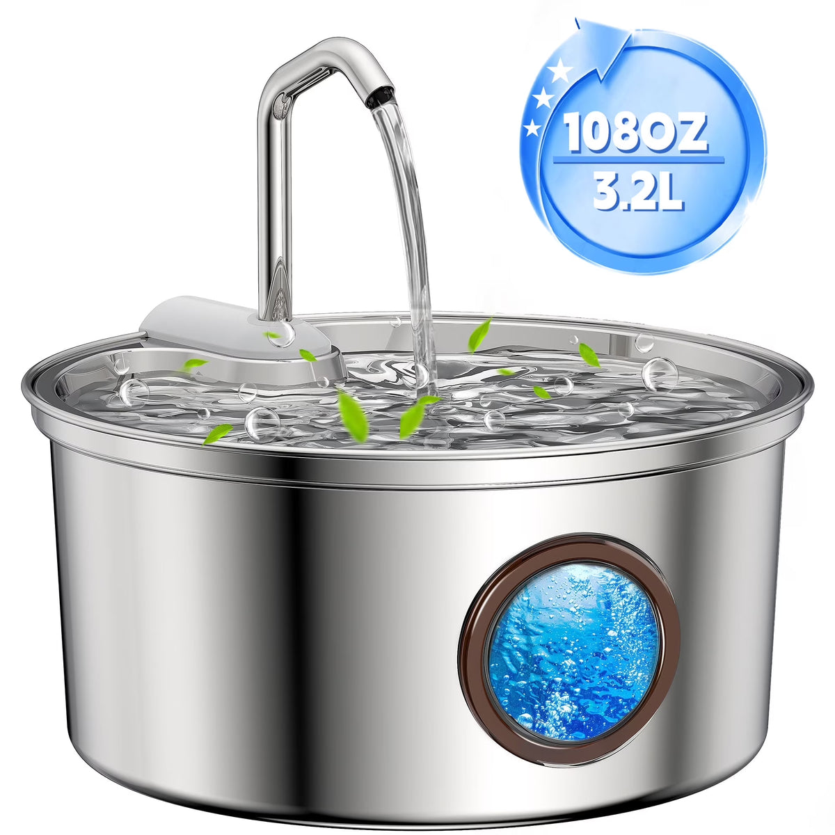 Cat Water Fountain Stainless Steel, 108Oz/3.2L Pet Fountain Smart, Water Level Window and 4-Layer Filtration Systerm for Cats, Dogs, Multiple Pets