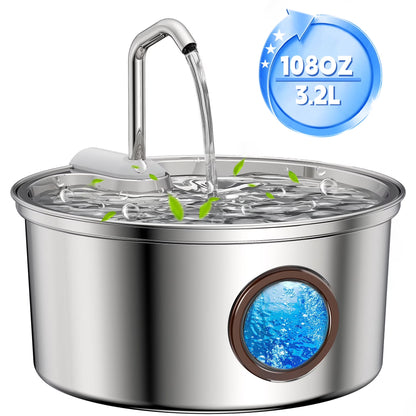 Cat Water Fountain Stainless Steel, 108Oz/3.2L Pet Fountain Smart, Water Level Window and 4-Layer Filtration Systerm for Cats, Dogs, Multiple Pets